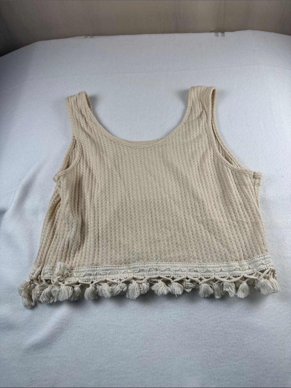 SHEIN Cream Waffle Knit Tassel Hem Crop Tank - 294